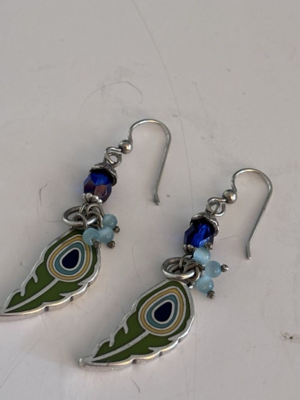 Brighton Crystal Enamel Feather Earring 2” Silver Plated Colorful.